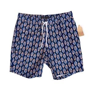 SAKS FIFTH AVENUE Men's Navy Blue Orange Fish Patterned Swim Shorts Trunks